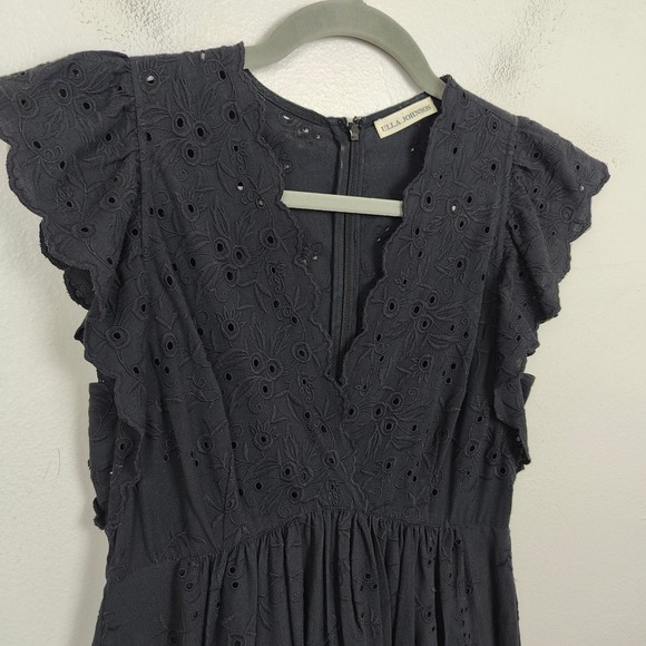 Ulla Johnson Louise Dress Womens 0 Black Cotton Linen Eyelet Midi Flutter Sleeve - Picture 3 of 7